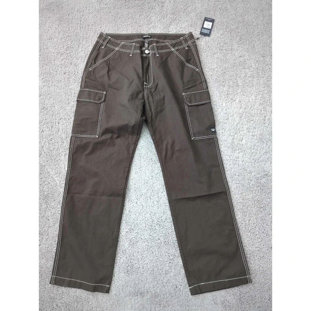 True Religion Cargo Pants Mens 36 Brown Straight Leg Ripstop Contrast Stitch NWT